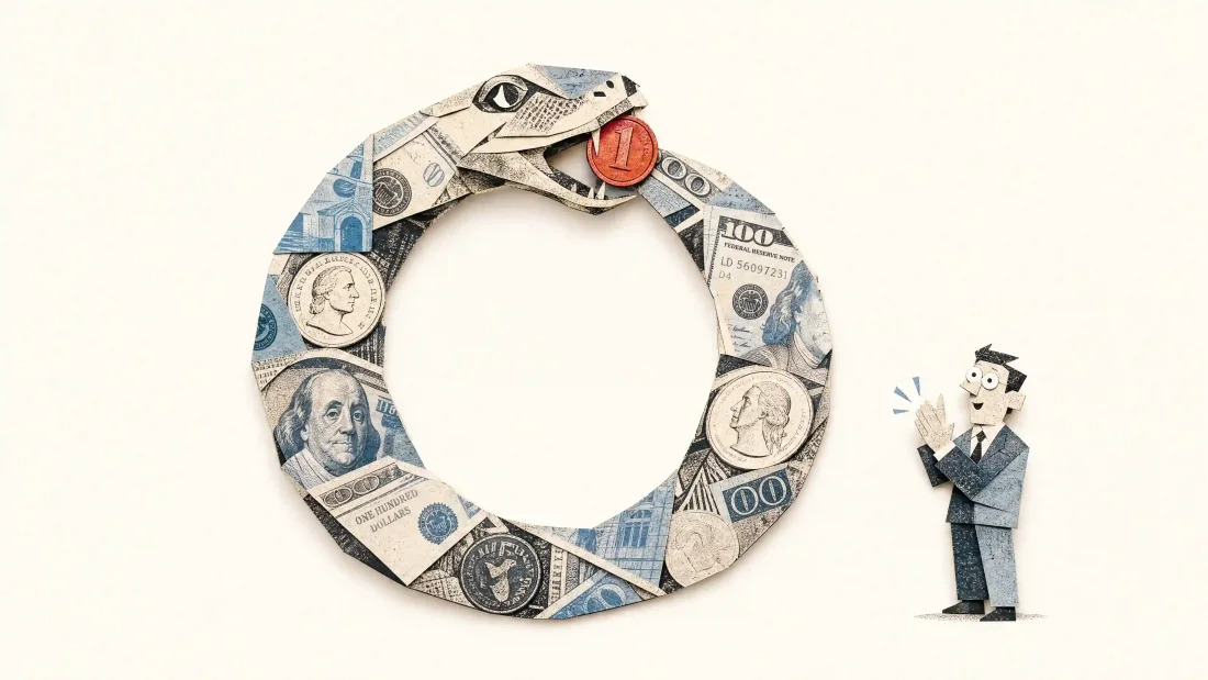 Papiercollage: eine Schlange aus Geldscheinen frisst ihren eigenen Schwanz — die Zirkelfinanzierung.