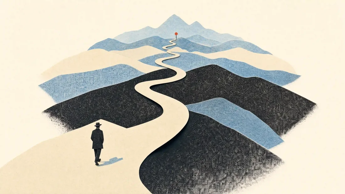Papiercollage: ein gewundener Weg führt durch geschichtete Berge zu einer fernen Fahne auf dem Gipfel.